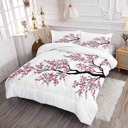 Romantic Asian Cherry Blossom Sakura Flower Branches Comforter Set For Girls Kids Teens, Queen Size Eastern Red Petal Floral Art Quilted Duvet With 2 Nature Plant Pillowcases - 90" X 90" (Red, Queen) #TOP1