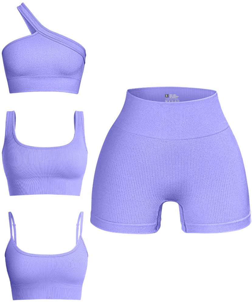 Photo 1 of OQQ Women's 4 Piece Outfits Ribbed Seamless Exercise Scoop Neck Sports Bra One Shoulder Tops High Waist Shorts Active Set Purple