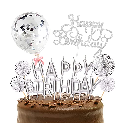 Cake Topper, Tortendeko Geburstagstorte Deko, Kuchendeckel, Cupcake Topper, Topper Golden Konfetti Luftballon Sonnenblume Papierfächer Kuchendeko Geburtstagstorte (Silber) Cover