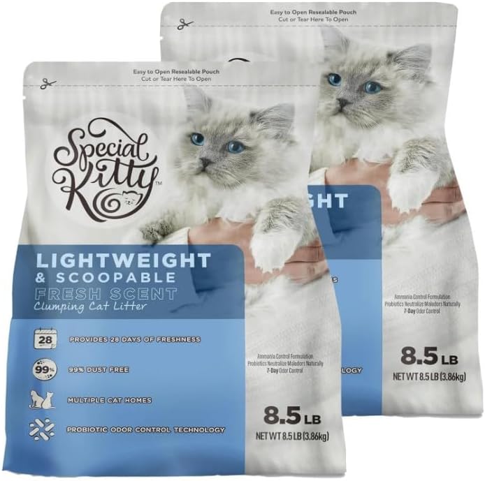 Special~Kitty Lightweight Scoopable Clumping Cat Litter ~ 2 Bags of 8.5 lb Bag ~ Fresh Scent, Dust-Free, Probiotic Odor Control, Ammonia Management, Multi-Cat Use, Easy to Scoop, Long-Lasting Clean.