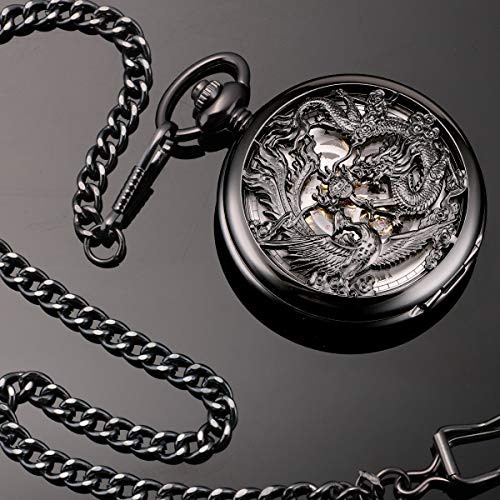 Image of ManChDa Antique Mechanical Pocket Watches for Men Lucky Dragon Phoenix Pocket Watch with Chain Skeleton Dial Roman Numerals Gifts for Fathers Day