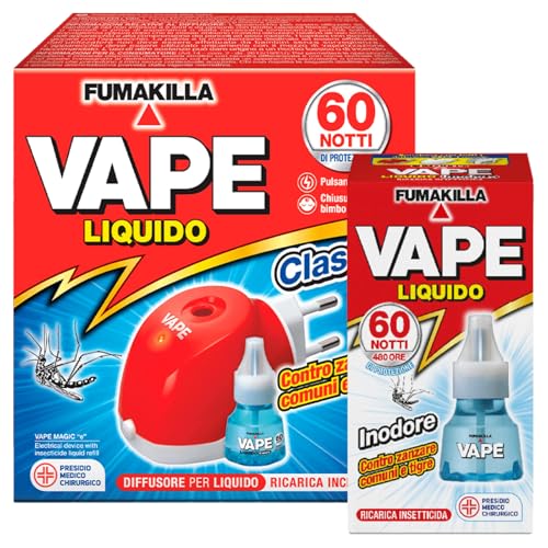 Vape Liquido Diffusore Elettrico con Ricarica Liquida + Vape Ricarica Liquida Insetticida Zanzare Tigre e Comuni Inodore Antizanzare 480 Ore di Efficacia Presidio Medico Chirurgico