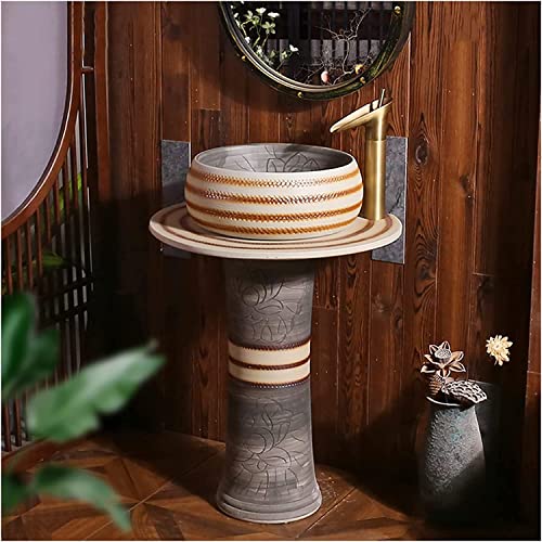 Vanity Unit with Basin,Bathroom Basin Sink with Full Pedestal, Pedestal Sink Handcrafted Ceramic wash Basin Pedestal washbasin, Kaolin Clay Pedestal Sink Round Freestanding Sink fo