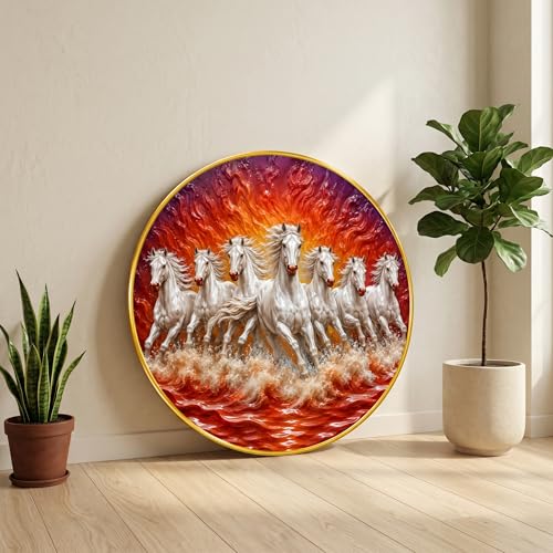 Image of SAF 7 Horse Vastu Round Wall Painting with Premium PVC Golden Frame, White Running Horses Fire Ocean Art for Living Room Office Home Decor Gift (23 x 23 Inch) GR-440