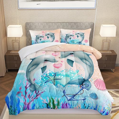 Image of AILONEN Dolphin Comforter Set Twin Size, Kawaii Jumping Dolphin Bedding Set for Kids Girls,Ocean Theme Bed in a Bag Duvet Set,3 Pieces,1 Quilt and 2 Pillowcases,Soft Microfiber