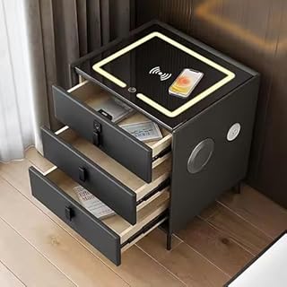 Smart Bedside Table with 3 Drawers, USB Port, Three-Color Light, Wireless Charging Port and Fingerprint Lock, Bluetooth Speaker Side Table, for Living Room, Bedroom, Study (Black)