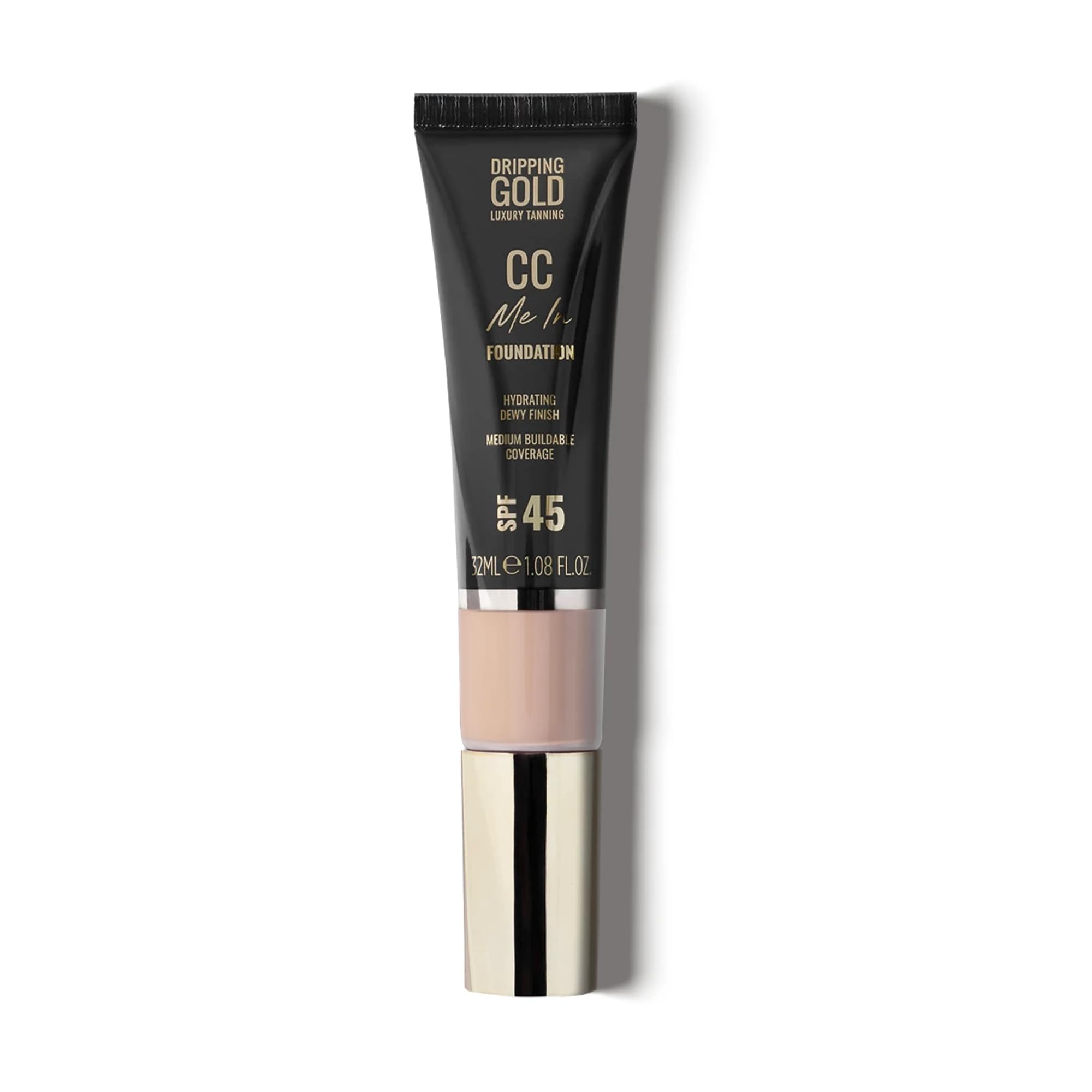 Dripping Gold CC Cream SPF 45 Shortbread – Full Coverage Foundation with Hydrating & Brightening Formula – Lightweight, Glowy Finish – Skin-Loving Ingredients – 32ml
