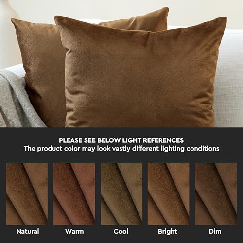 Image of Encasa XO Velvet Throw Pillow Covers 16x16 in (40x40 cm) - Brown - No Inserts, Pack of 2 Cases | Solid Plain Dyed Soft & Smooth, Square Decorative Cushion Covers for Living & Bedroom