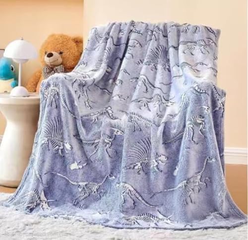 Image of Happy Hues Glow in The Dark Blanket Kids-Teens Boys & Girls Travel Lightweight Throw Blankets Soft & Fluffy for Kids (Boneosaur)