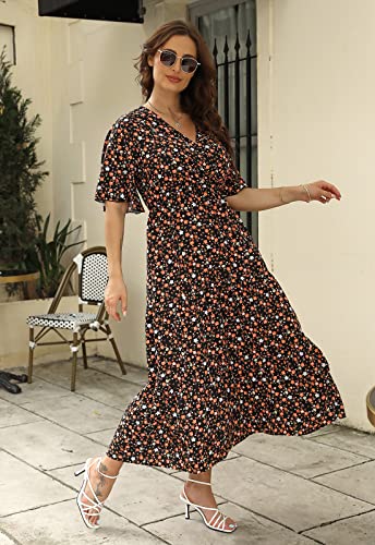 Image of Keluummi Plus Size Maxi Dress for Women V-Neck Floral Empire Waist 3 /4 Sleeve with Pockets(14 Plus, 14 - Black Floral)