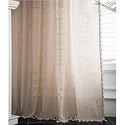 Cortinas De Ganchillo Para Salon SAYT RLAE Cortina bohemia semioscurecida, cortinas de lino beige con borla y ganchillo, rayas verticales de macramé para salón, rústico, vintage, estilo rústico, 1 pieza, 150 x 240 cm