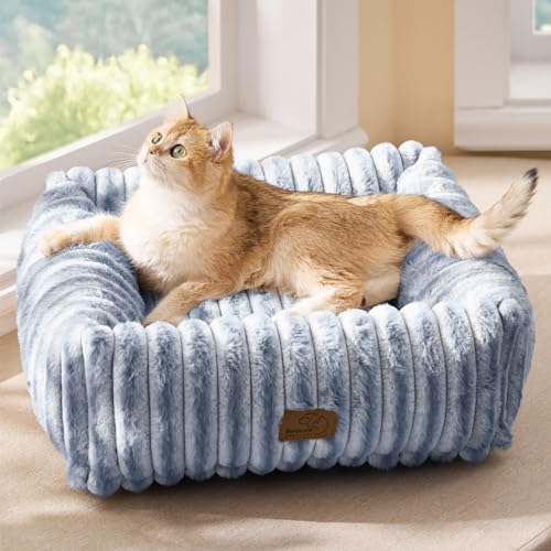 Image of Bedsure ComfyFleece Cute Dog Bed for Small Dogs & Cats,20in Blue Indigo | Furry Cat Beds For Indoor Cats,Washable Orthopedic Corduroy Aesthetic Puppy Beds,Removable Cover,Non-Slip Bottom,up to 10 Lbs