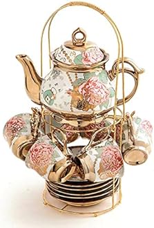 CHANJOON Gold Plated Red Rose Ceramic Tea Set, Vintage Teapot, Beautiful Tea Set Coffee Serving 6 People (Golden, large)