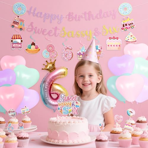 Image of 6th Birthday Party Decorations - 40 Pcs Donut Sweet Sassys and 6 Hanging Swirls Decor Set for Girl Six Years Old Doughnut Banner Supplies Candy Dessert Insert Cake Toppers Balloons Backdrop