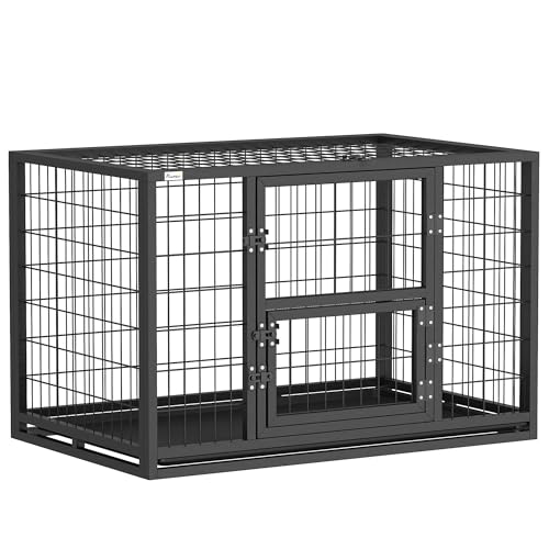 PawHut Gabbia per Cani Kennel con 3 Porte, Gabbia Box per Cani di Taglia Medio e Piccola Robusta, 94x60x64 cm, Vassoio Rimovibile e Chiusura Sicura, per Interno ed Esterno, Nero