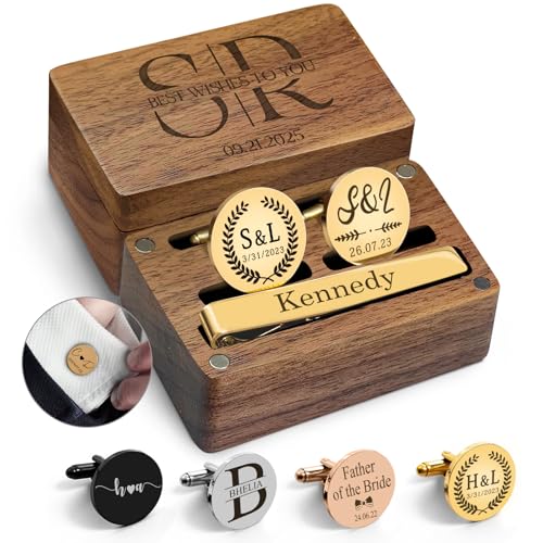 Custom Cufflinks for Men Gift Personalized Engraved Cuff Links Tie Clip Set with Engraved Wood Box Customized Wedding Cufflinks Jewelry Gift for Groom Father's Day