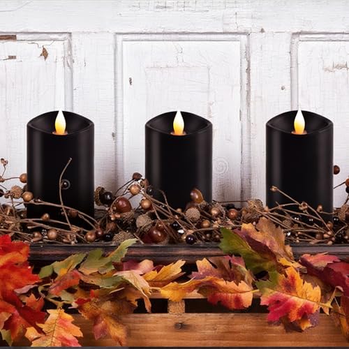 Image of 3x5 Flickering Flameless Candles Set of 3, 2AA Battery Life 600 Hours Battery Candles Flickering with Timer,5 inch Flameless Candles with Remote for Indoor /Outdoor, Black