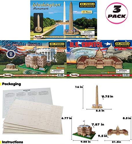 Puzzled Bundle of Famous Sites: Washington Monument, The White House & US Capitol Wooden 3D Puzzles Construction Kits, Educational DIY Landmarks Assemble Models Unfinished Wood Craft Hobby - 3 Pack - Image 2