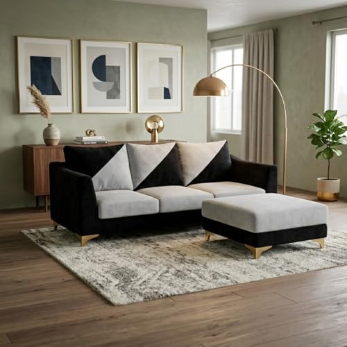 Image of Juliet 4 Seater L Shape Sofa Set with Movable Ottomans | Flexible Layout | Rich Velvet Suede Fabric | Silver Legs | Dual Tone Modern Sofa for Living Room (Black-Light Grey)