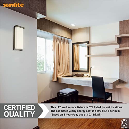 Image of Sunlite 81481 14 inch Modern LED Wall Sconce Light, Outdoor Fixture, Adjustable 3 CCT 3000K-5000K, 20 Watts, 1100 Lumens, Opal Shade, Oil Rubbed Bronze, Indoor for Bathroom, Garage, Hallways & Entryways
