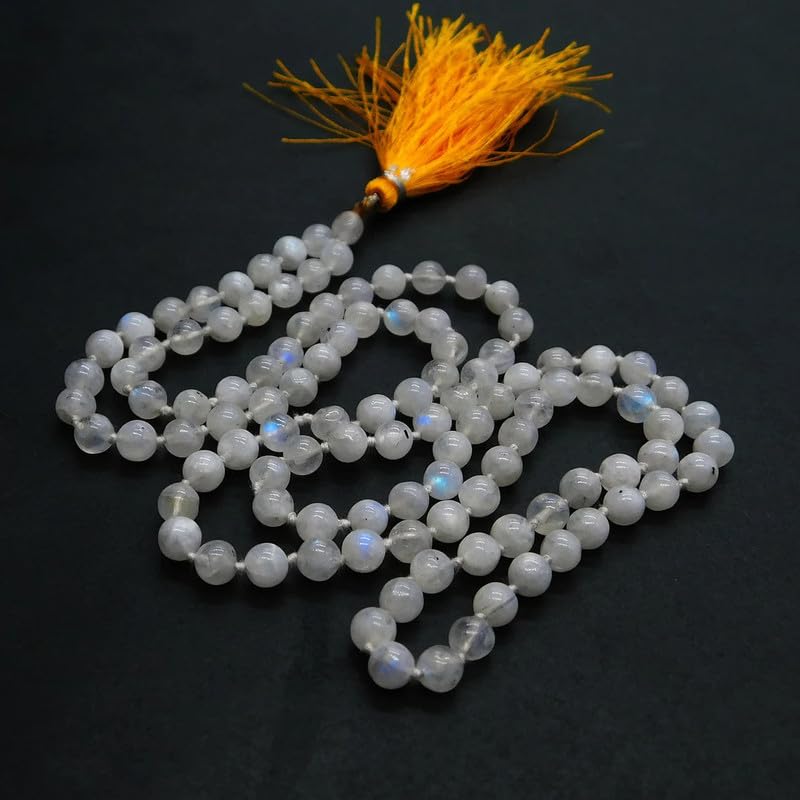 Collar Mala Natural AAA arcoíris blanco 108|Collar Mala con cuentas de oración 108| Mala anudada a mano | Japa Mala| Cuentas redondas de 6 mm | Borla de meditación