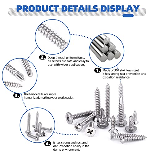 Glarks 620Pcs #6#8#10 Self Drilling Screws Kit, 304 Stainless Steel Flat & Truss Head Self Tapping Sheet Metal Tek Screws And 410 Stainless Steel Wafer Washer Head Phillips Self Drilling Screws #TOP2