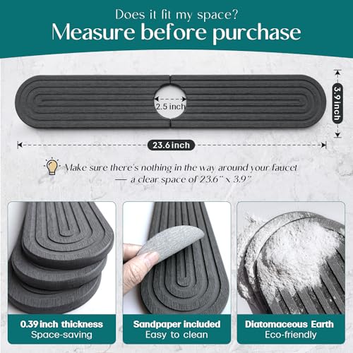 Image of Diatomite Sink Splash Guard - DryingNeat Kitchen Faucet Mat, Instant Dry Water Absorbing Stone Tray for Sink, Durable Black Protector for Kitchen Bathroom Counter [Dark Grey, 23.6 inchx 3.9 inch]