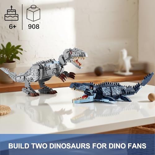 Image of Dual Dinosaur Building Sets - Indominus Rex & Mosasaurus Dinosaur Toys with Poseable Joints, STEM Educational Toys for Kids Ages 6-12, Creative Birthday Gifts for Boys and Girls