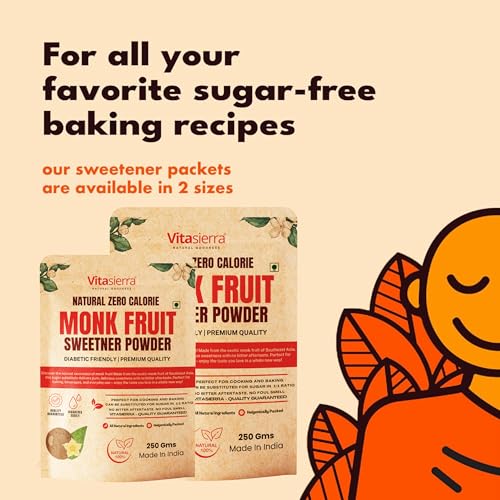 Image of Vitasierra Monk Fruit Sweetner Organic Without Erythritol (250 Gm) - 1:1 Sugar Substitute - Low Glyemic Index Gentle & Safe Sweetner - Diabetic Friendly