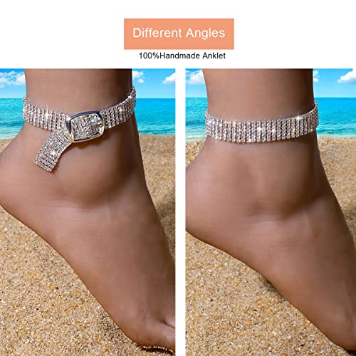 Xsbody Rhinestone Belt Anklet Bracelets For Women Girls Silver Elegant Wide Ankle Bracelet Strap Sparkly Diamond Foot Chain Waterproof Jewelry Party #TOP4