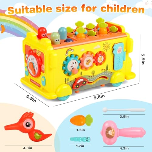 Image of PLUSPOINT Activity School Bus Toy for Kids Multifunctional Pull-Along Bus with Gears, Teaching Clock, Fishing Game Color Matching Shape Puzzles Whack-a-mole Toddler Musical Toy for 1-5 yrs