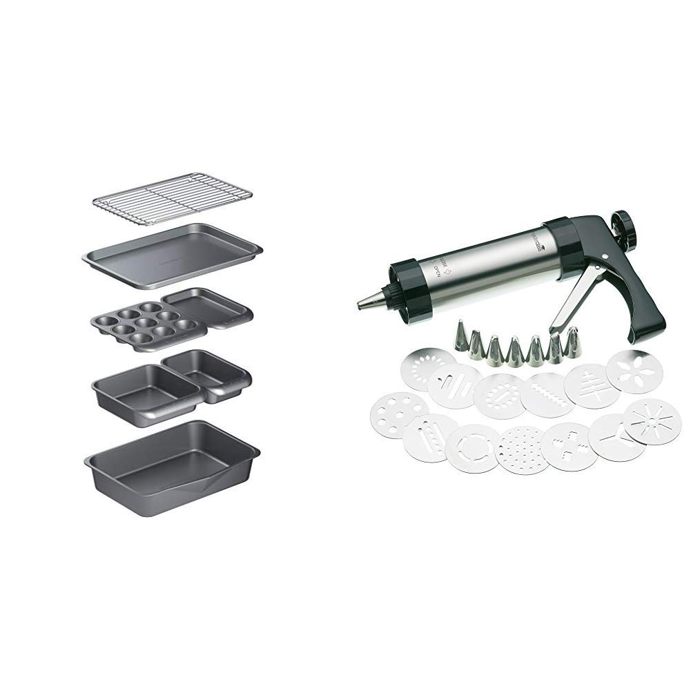 MasterClass Smart Space Non Stick Carbon Steel Stackable Bakeware (Including Roasting Tin, Baking Muffin Tray) with Biscuit Making and Icing Set, Grey, 41 x 31 x 10.5 cm