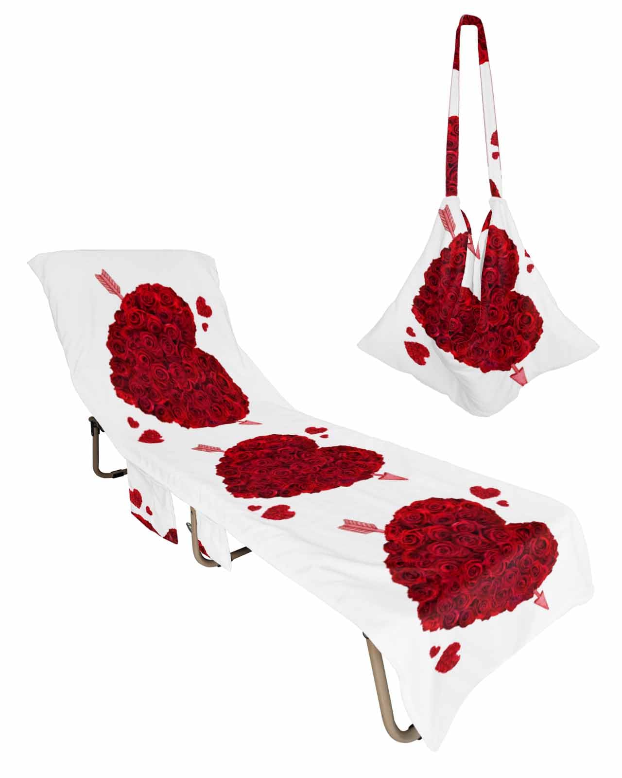 Red Love Heart Floral Beach Lounge Chair Towel Cover, Soft Chaise Lounge Towel with Side Pockets Patio Pool Chairs Cover for Beach/Pool Sunbathing 29x85 Valentine's Day