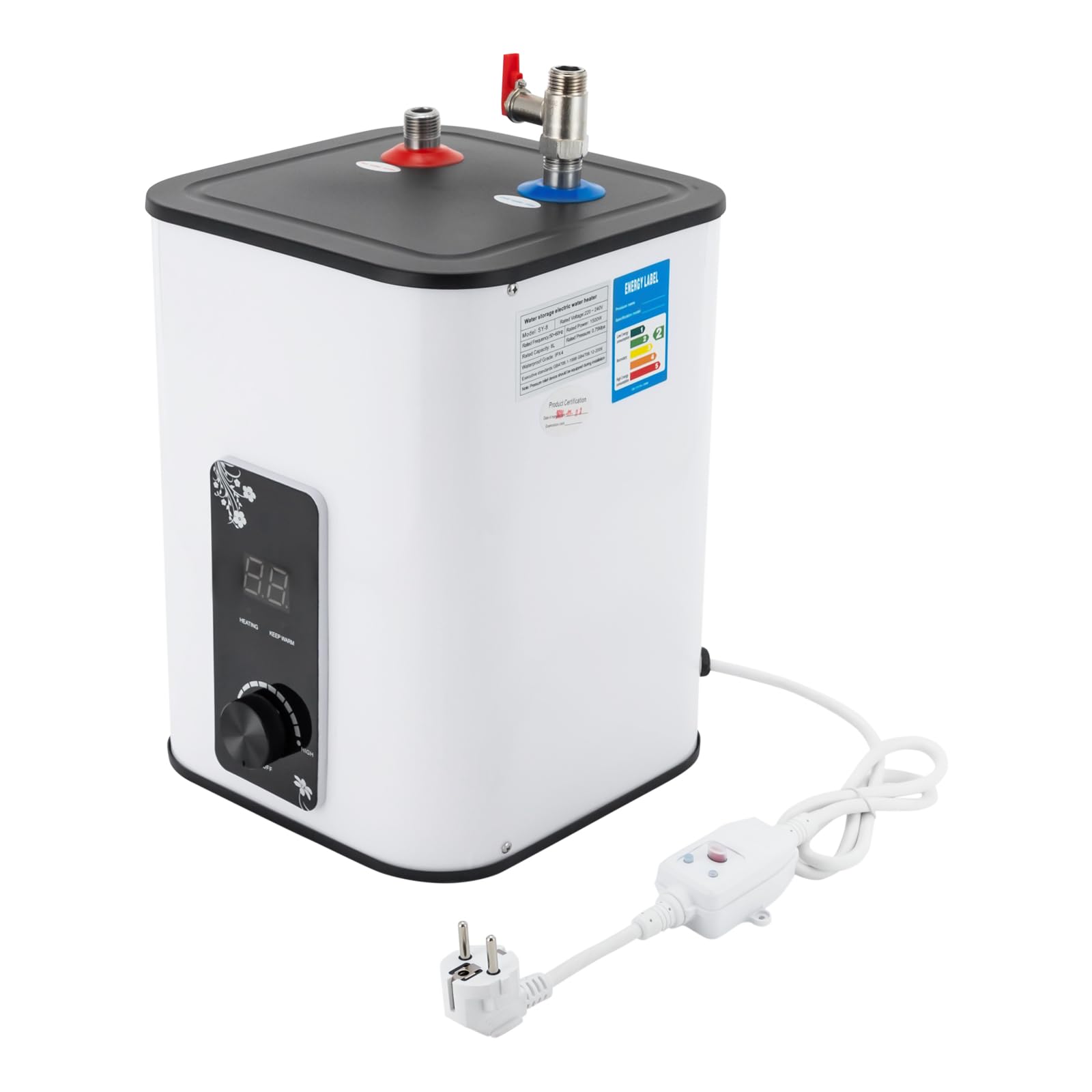 Serbatoio acqua calda da 8 l, scaldabagno istantaneo, 1500 W, con display digitale, scaldabagno elettrico, temperatura regolabile da 0 a 65 °C, per cucina, armadi, bagno