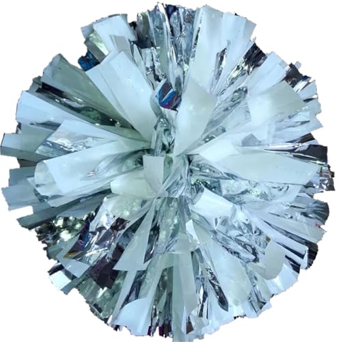 4 pezzi 32 cm Cheerleader Pompon con anelli maniglia, Cheerleading Pom Poms, Sport Supplies Per Sport(Silver White)