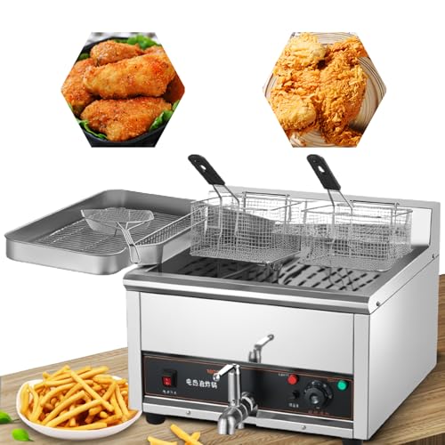 LFfwynog High capacity Commercial Deep Fryer, Stainless Steel Commercial Deep Fryer with Independent Cylinder oil drain valve for Restaurant and Home Use,15L