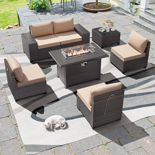 Image of 7 PCS Outdoor Patio Furniture Set,Outdoor Sectional Furniture with 43 inch 55000 BTU Gas Propane Fire Pit Table,All Weather PE Rattan Wicker Patio Conversation Set,Sand