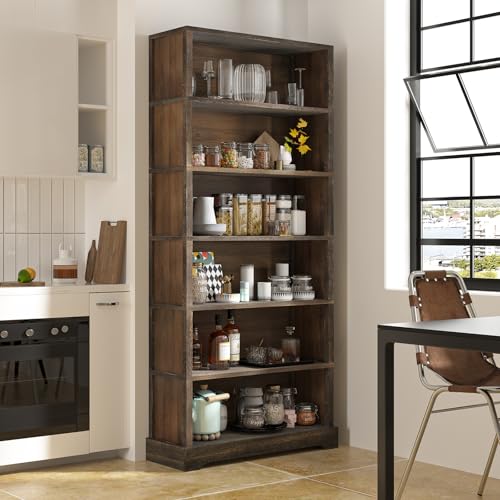 Image of TVU 6-Tier Wooden Book Shelf, Floor-Standing Display Bookcase, 77.2 inch H x 31.5 inch W x 11 inch D Bookshelf, Farmhouse Style Book Case with Arched Base, Suitable for Living Room, Study, Office, Walnut
