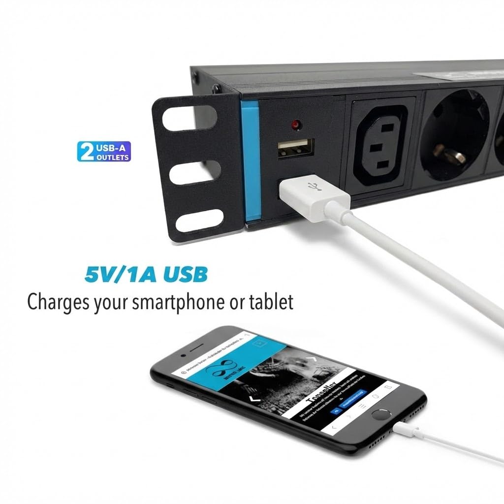Infitronic INSV1009 19 Zoll Steckdosenleiste 15-Fach USB LED, 1HE Rack-PDU vorne/hinten, 3680W 16A Stromverteiler mit Überspannungsschutz & C13 Kaltgerätebuchse für Netzwerkschrank, Schwarz