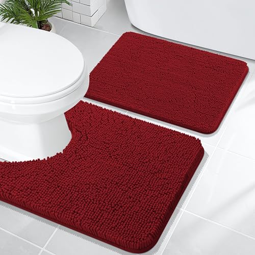 Image of OLANLY Bathroom Rugs Sets 2 Piece, Soft Absorbent Chenille Bath Mats and U-Shaped Contour Toilet Mat Area Rug Set, Machine Washable Bath Carpet, Home Decor Accessories(24 inchx16 inch+24 inchx20 inch, Red)