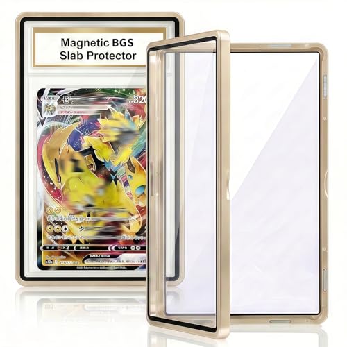 Magnetic BGS Slab Protector - UV Blocking Tempered Glass Aluminum Graded Card Case for 35PT BGS Cards Metal Bumper Display Guard with 9-Point Lock & Padding Stickers (Gold)