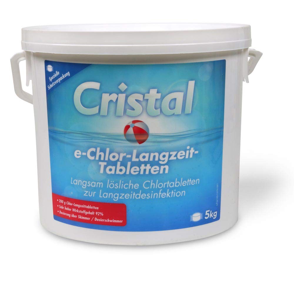 Cristal e-Chlor Langzeit-Tabletten 5 kg - 200 g Chlortabletten - Langzeitdesinfektion - Pools ab 20.000 l - Langsam löslich - Hoher Aktivchlorgehalt