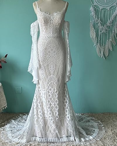 Boho Wedding Dess with Detachable Sleeves Lace Mermaid Sweetheart Spaghetti Straps Beach Bridal Gown WD0633