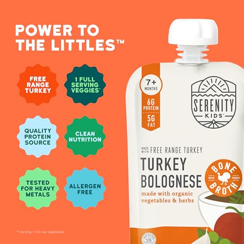 Image of Serenity Kids Bone Broth Puree Made With Organic Veggies | Clean Label Project Purity Award Certified | 3.5 Ounce BPA-Free Pouch | Free Range Turkey Bolognese | 1 Count