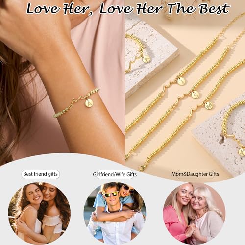 Gold Beaded Bracelets for Women, Initial Bracelets for Women Christmas Gifts for Her Stocking Stuffers for Teens Teen Girl Gifts Trendy Stuff Adjustable Non Tarnish Gold Bracelet with Letter Charm A-Z Birthday Christmas Jewelry for Mom Daughter Grandma Friend