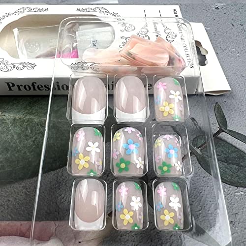 Short Press On Nails White Flowers False Nails Spring Summer Artificial Glossy Fake Nails For Women Medium Acrylic French Nail Spring Summer With Adhesive Tabs 24 Pcs #TOP4