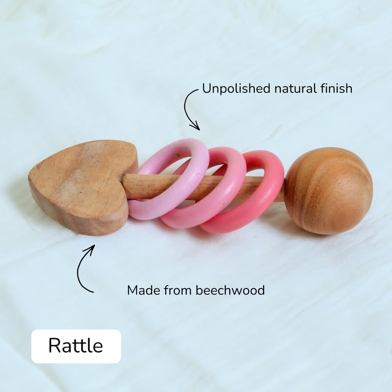 Image of Baby Gift Set - Preet | Newborn Gift Set with Muslin Swaddle, Heart Rattle, Rolling Toy & Neem Wood Teether | Handmade in India | Non Toxic Baby Gift