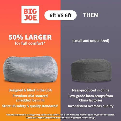 Image of Big Joe Fuf 6Ft Giant Lounger Foam Bean Bag Chair, Oversized Couch with Removable Cover for Kids, Teens, Adults, Fog Lenox, Durable Woven Polyester, 6 Foot
