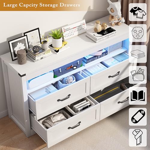 Image of Wodeer White Dresser for Bedroom, Wood 4 Drawer Dresser with LED Light, Dressers & Chests of Drawers with Metal Handles, Storage and Organization for Bedroom, Hallway, Entryway