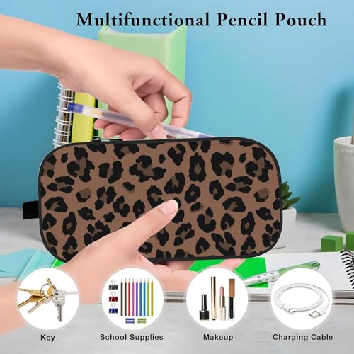 Image of WOBAGMEN Double Layer Pencil Case with Handle Large Pencil Bag Cute Print Pencil Pouch for Boys Girls (Brown Leopard)